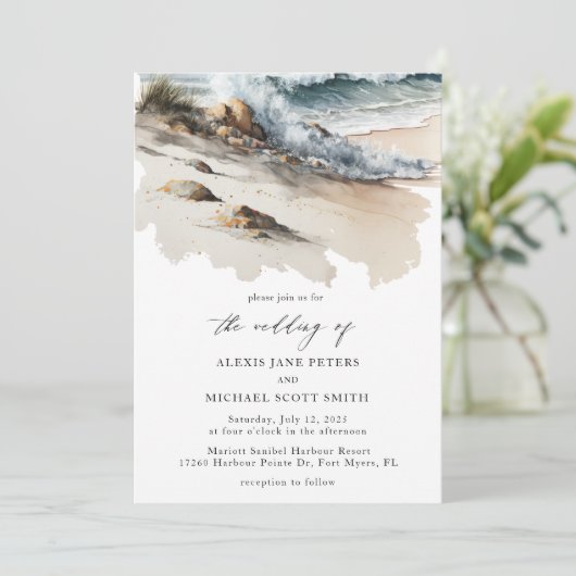 Waterverf strand oceaan kust bruiloft kaart (Staand voorkant)