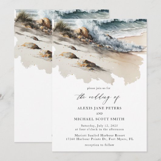 Waterverf strand oceaan kust bruiloft kaart (Voorkant / Achterkant)