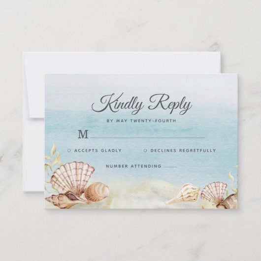 Waterverf strand Ocean Shells Wedding RSVP Kaartje (Voorkant)