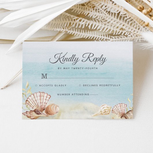 Waterverf strand Ocean Shells Wedding RSVP Kaartje