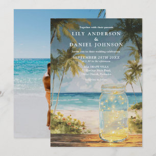 Waterverf Strand Palm Mason Jar Foto Bruiloft Kaart