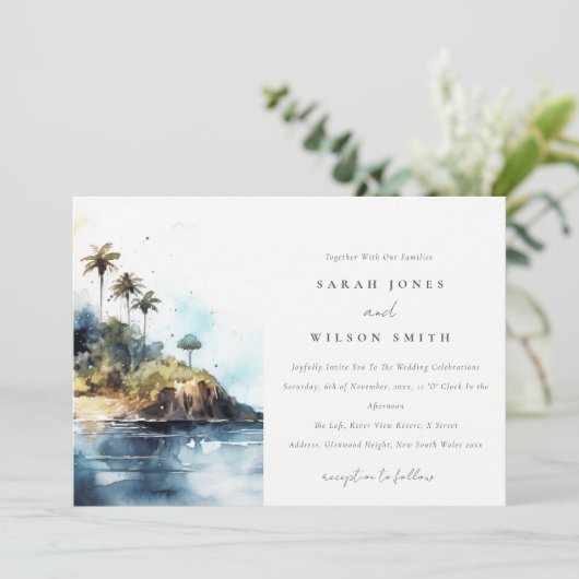 Waterverf Strand Palmboom Eiland Trouw Kaart (Staand voorkant)