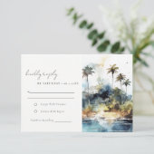 Waterverf Strand Palmboom Eiland Trouw RSVP Kaartje (Staand voorkant)
