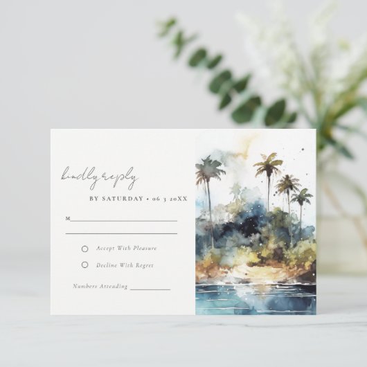 Waterverf Strand Palmboom Eiland Trouw RSVP Kaartje (Staand voorkant)