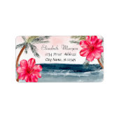 Waterverf strand, palmen, Hibiscus Etiket (Voorkant)