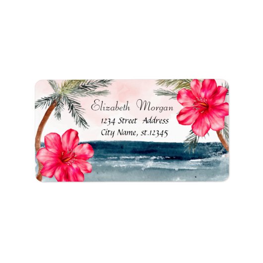 Waterverf strand, palmen, Hibiscus Etiket (Voorkant)
