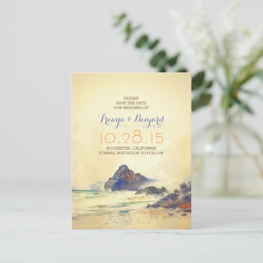  waterverf strand Save the date briefkaarten (Staand voorkant)