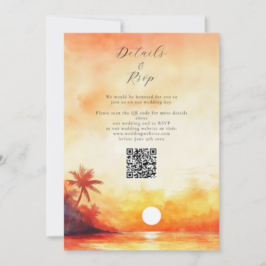 Waterverf Strand Sinaasappel Sunset QR Code Huweli Kaart (Achterkant)