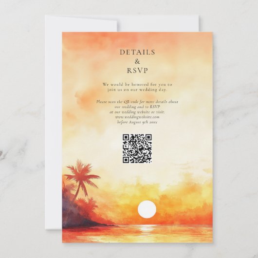 Waterverf Strand Sinaasappel Sunset QR Code Huweli Kaart (Achterkant)