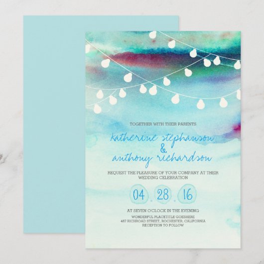 waterverf strand slingerlichten trouwkaart kaart (Voorkant / Achterkant)