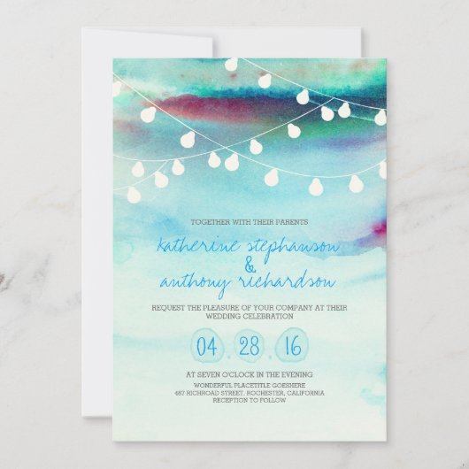 waterverf Strand String Lights huwelijksuitnodigin Kaart (Voorkant)