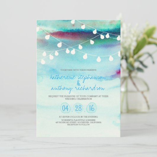 waterverf Strand String Lights huwelijksuitnodigin Kaart (Staand voorkant)