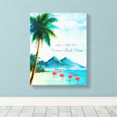 Waterverf Strand Tropisch Blauw Groen Flamingo Canvas Afdruk (Insitu (Houten vloer))