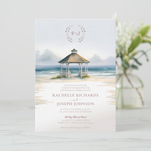 Waterverf strand tuinhuisje bruiloft uitnodiging (Staand voorkant)