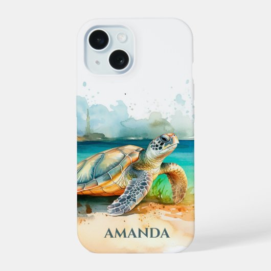Waterverf Strand van de Zeeschildpad iPhone 15 Case (Achterkant)