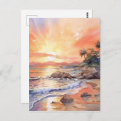 Waterverf strand zonsondergang achtergrond briefkaart (Voorkant / Achterkant)
