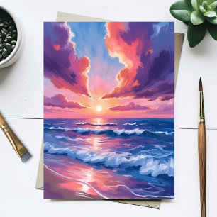 Waterverf Strand Zonsondergang Oceaan Suikerspin Briefkaart