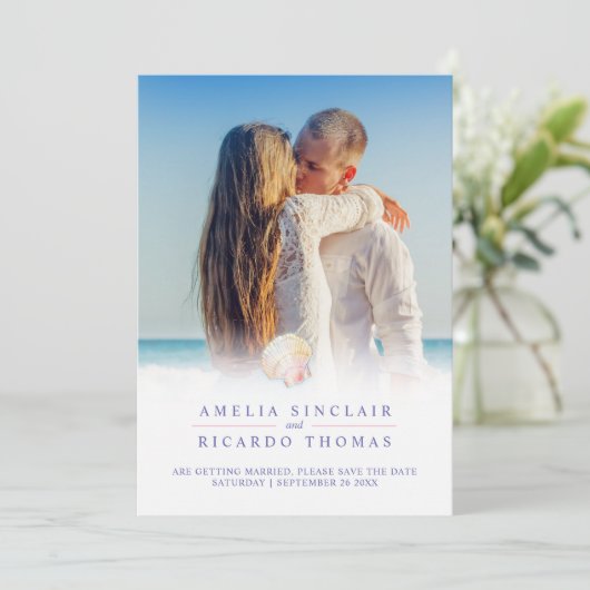 Waterverf strandbruiloft met  op het strand save the date (Staand voorkant)