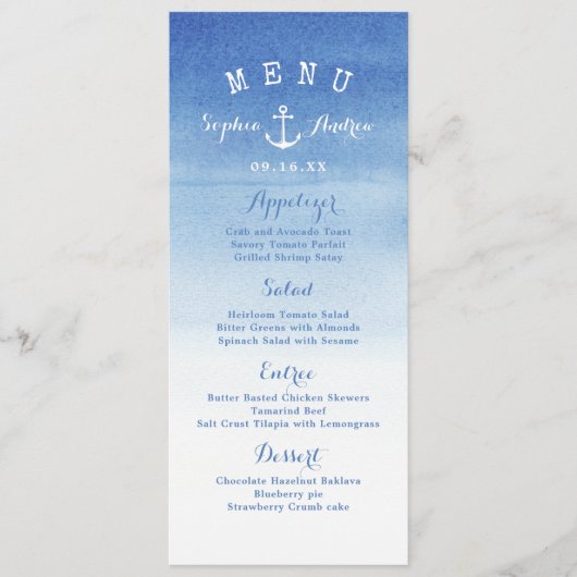 Waterverf strandbruiloft nautical anchor menukaart (Voorkant)