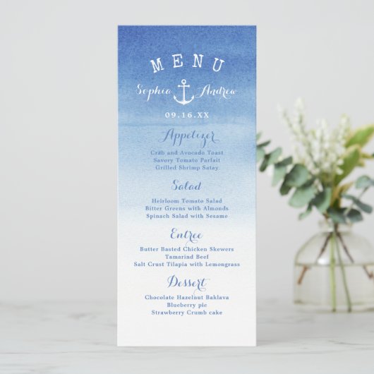 Waterverf strandbruiloft nautical anchor menukaart (Staand voorkant)