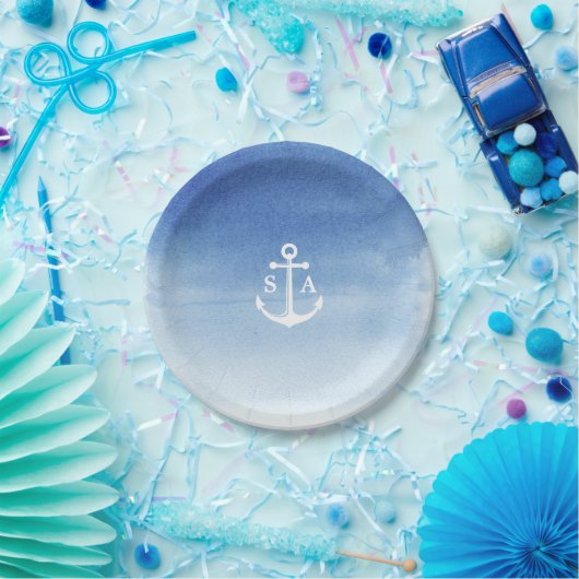 Waterverf strandbruiloft nautical anchor monogram papieren bordje (Feest)