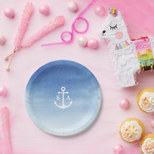 Waterverf strandbruiloft nautical anchor monogram papieren bordje (Feest)