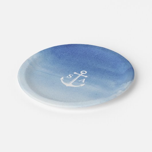 Waterverf strandbruiloft nautical anchor monogram papieren bordje (Gekanteld)
