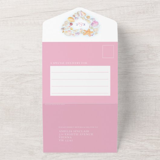 Waterverf strandbruiloft voor seashells all in one uitnodiging (Buitenkant)