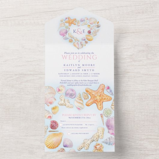 Waterverf strandbruiloft voor seashells all in one uitnodiging (Binnen)