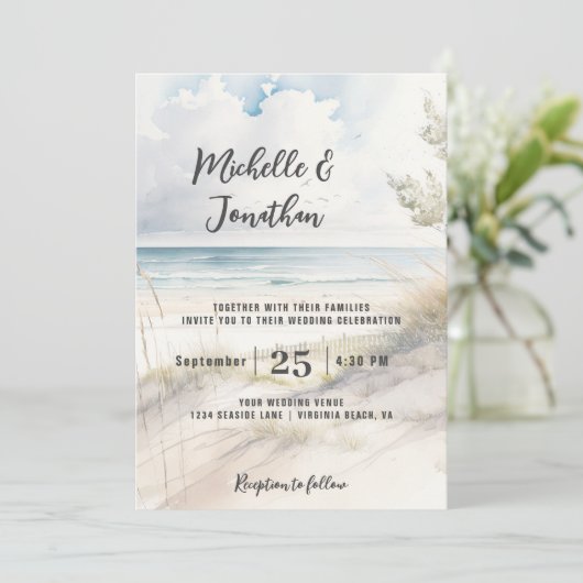 Waterverf stranden kustbestemming huwelijk kaart (Staand voorkant)