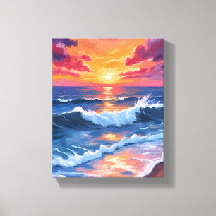 Waterverf Strandgolven Oceaan Zonsondergang Canvas Afdruk