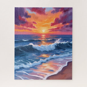 Waterverf Strandgolven Oceaan Zonsondergang Legpuzzel
