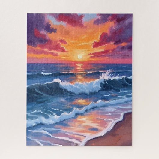 Waterverf Strandgolven Oceaan Zonsondergang Legpuzzel (Verticaal)