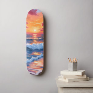Waterverf Strandgolven Oceaan Zonsondergang Persoonlijk Skateboard