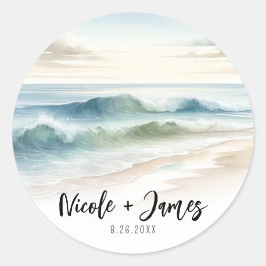 Waterverf Strandgolven Rustieke Kust Bruiloft Ronde Sticker (Voorkant)