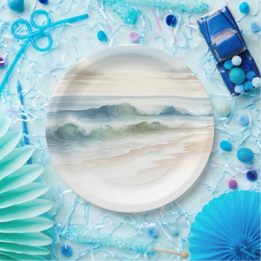 Waterverf Strandgolven Rustische Kust Bruiloft Papieren Bordje (Feest)