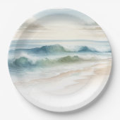 Waterverf Strandgolven Rustische Kust Bruiloft Papieren Bordje (Voorkant)