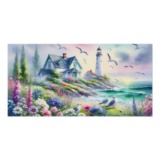 Waterverf Strandhuis en Vuurtoren Perfect Poster (Voorkant)