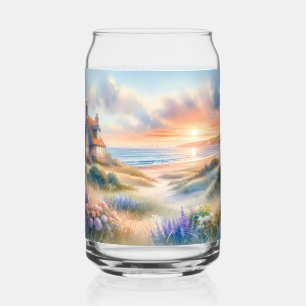 Waterverf Strandhuis Zonsondergang Duinen Blikvorm Glas
