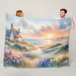 Waterverf Strandhuis Zonsondergang Duinen Fleece Deken