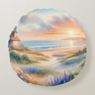 Waterverf Strandhuis Zonsondergang Duinen Rond Kussen