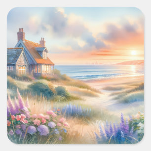 Waterverf Strandhuis Zonsondergang Duinen Vierkante Sticker