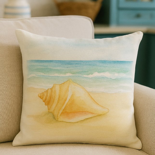 Waterverf Strandleven Horenschelp  Buitenkussen (Beach house decor - Conch shell throw pillow )