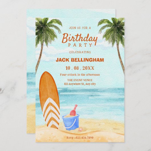 Waterverf strandparadijs jarig kaart (Voorkant / Achterkant)