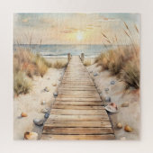 Waterverf Strandpromenade bij Zonsondergang Legpuzzel (Verticaal)