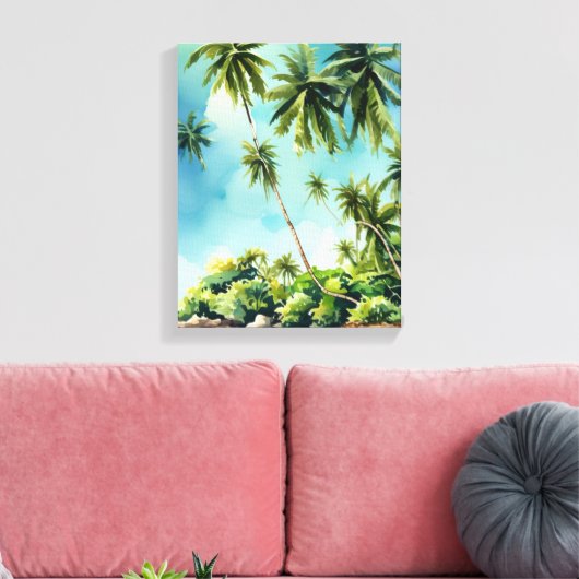 Waterverf strandscène met palmbomen canvas afdruk (Insitu (Woonkamer))