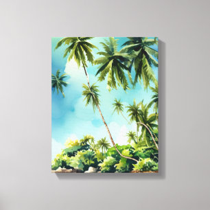 Waterverf strandscène met palmbomen canvas afdruk