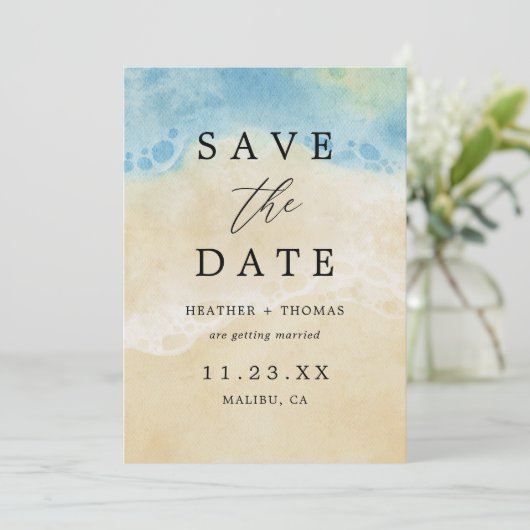 Waterverf strandverbinding bestemming oceaan save the date (Staand voorkant)