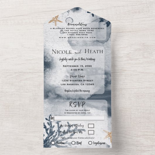 Waterverf strandvis koraal blauw huwelijk all in one uitnodiging (Binnen)