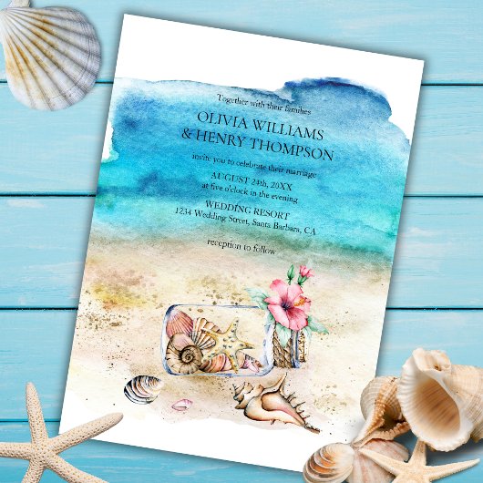 Waterverf strandwieg en zeeshells kaart